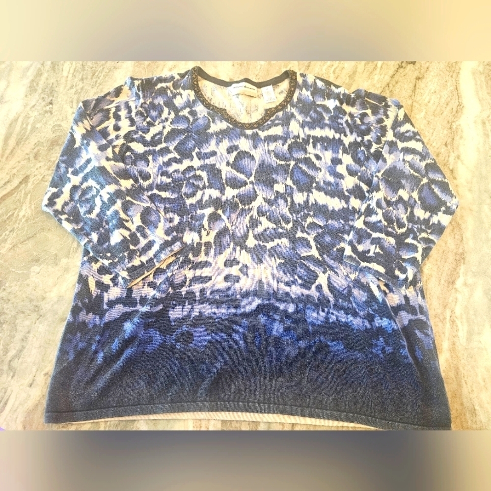 Alfred Dunner 1X Blue Leopard Print Embellished Knit Top Plus Size Pullover